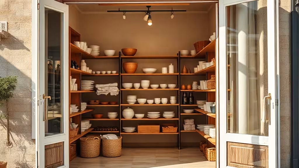 Devanture d’un shop de cuisine avec vaisselle et accessoires sans marque.