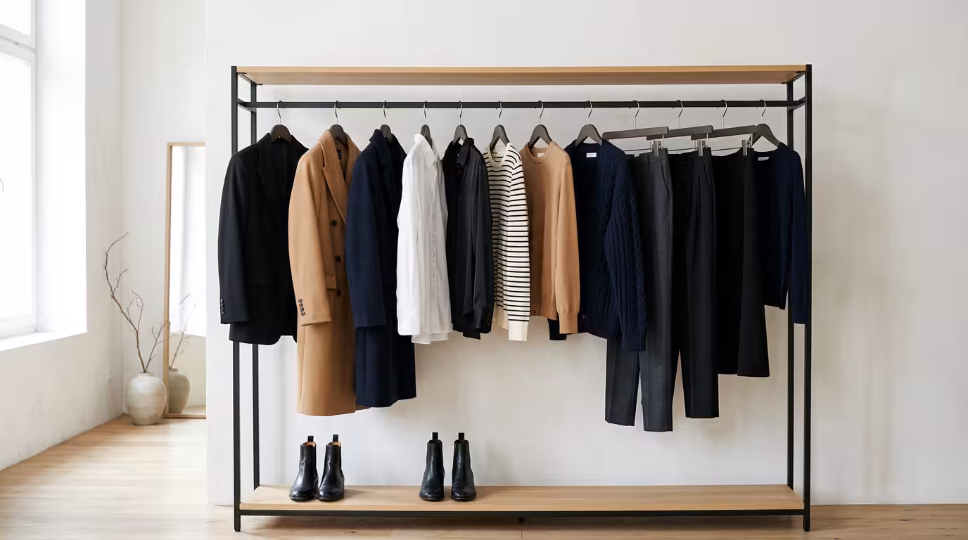 Capsule-Wardrobe 2026 : 12 pièces incontournables suspendues dans une armoire épurée