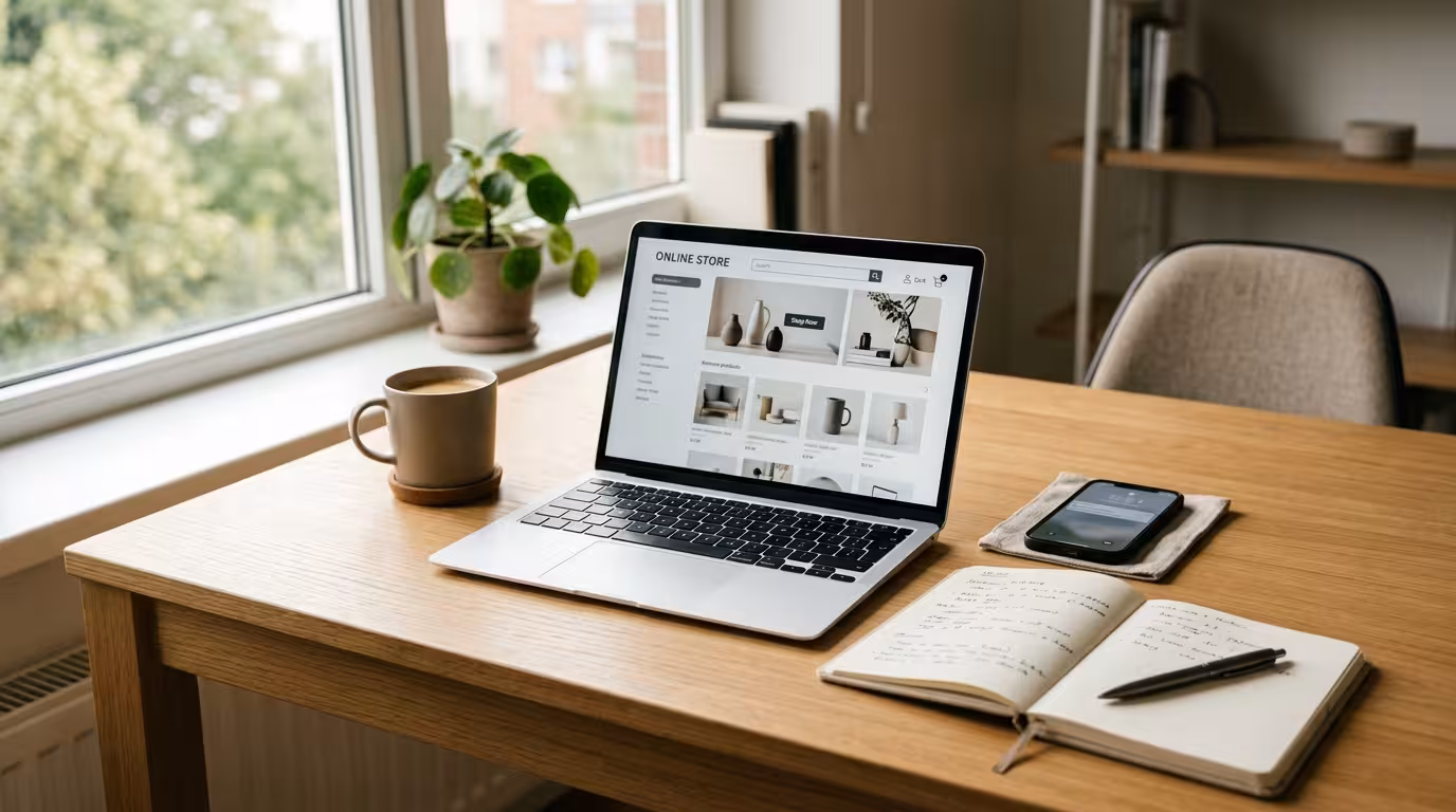Bureau de travail avec ordinateur, téléphone et outils numériques pour économiser avec codes de réduction et cashback