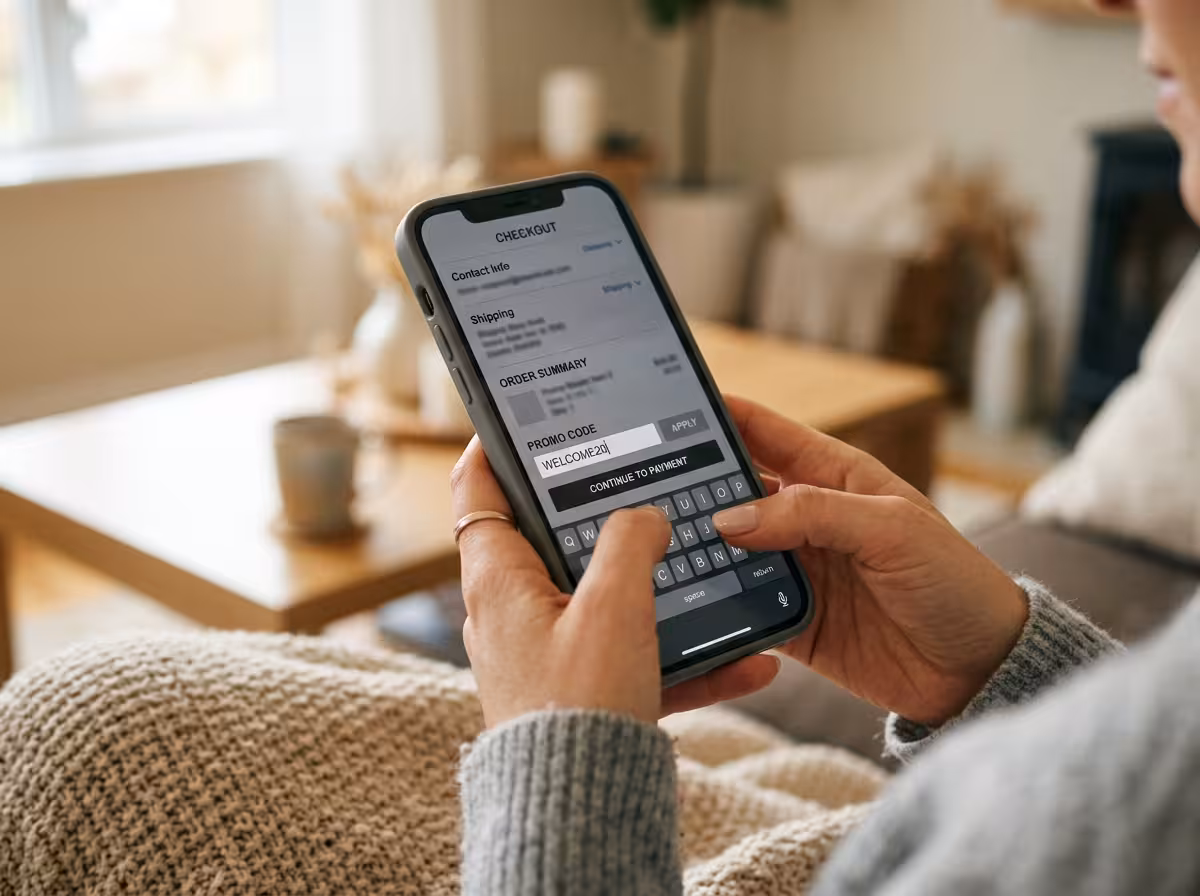 Main saisissant un code de réduction sur l'écran d'un téléphone lors du paiement en ligne