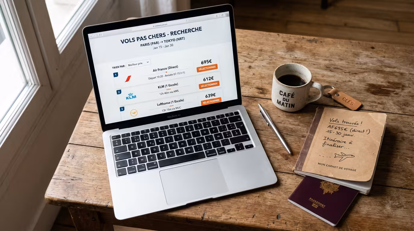 Laptop-Arbeitsplatz mit Flugvergleich-Website, Reisenotizen und Dokumenten – Vorbereitung für günstige Flugbuchung