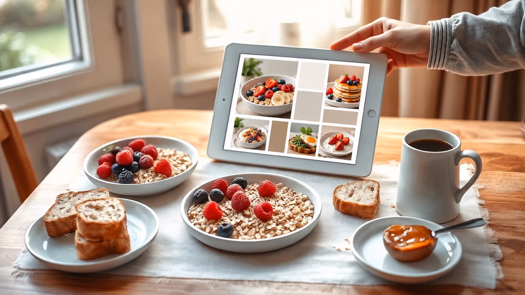 Tablet neben Haferflocken, Beeren, Brot und Kaffee auf einem Frühstückstisch