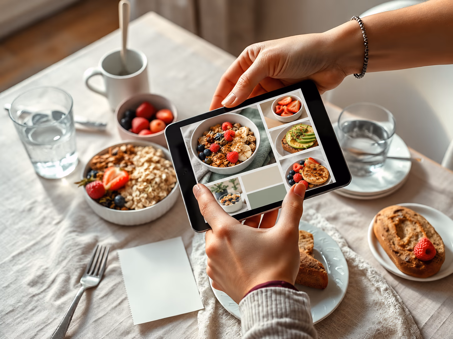 Hand hält Tablet mit Rezeptansicht über einem Frühstückstisch mit Beeren und Brot