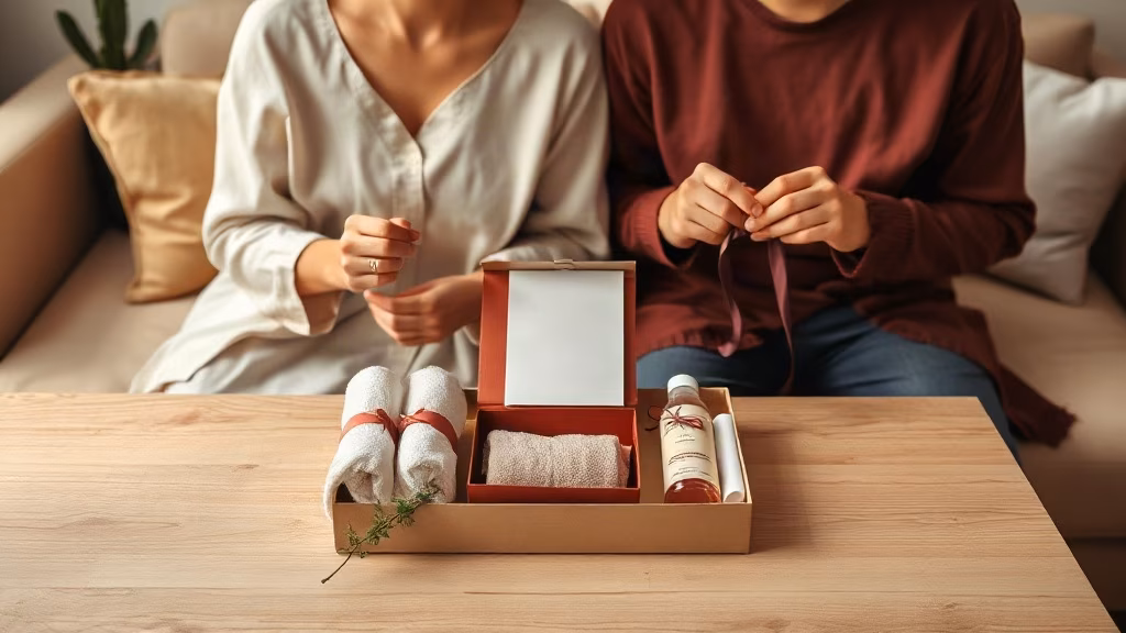 Paar verpackt zuhause eine neutrale Geschenkkarte mit Handtüchern und Massageöl auf dem Couchtisch
