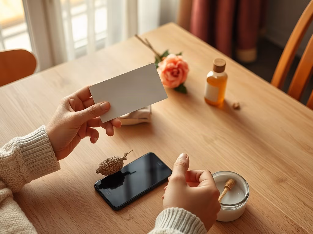 Hände halten einen Gutscheinumschlag neben Smartphone, Stift, Handtuch und Massageöl.