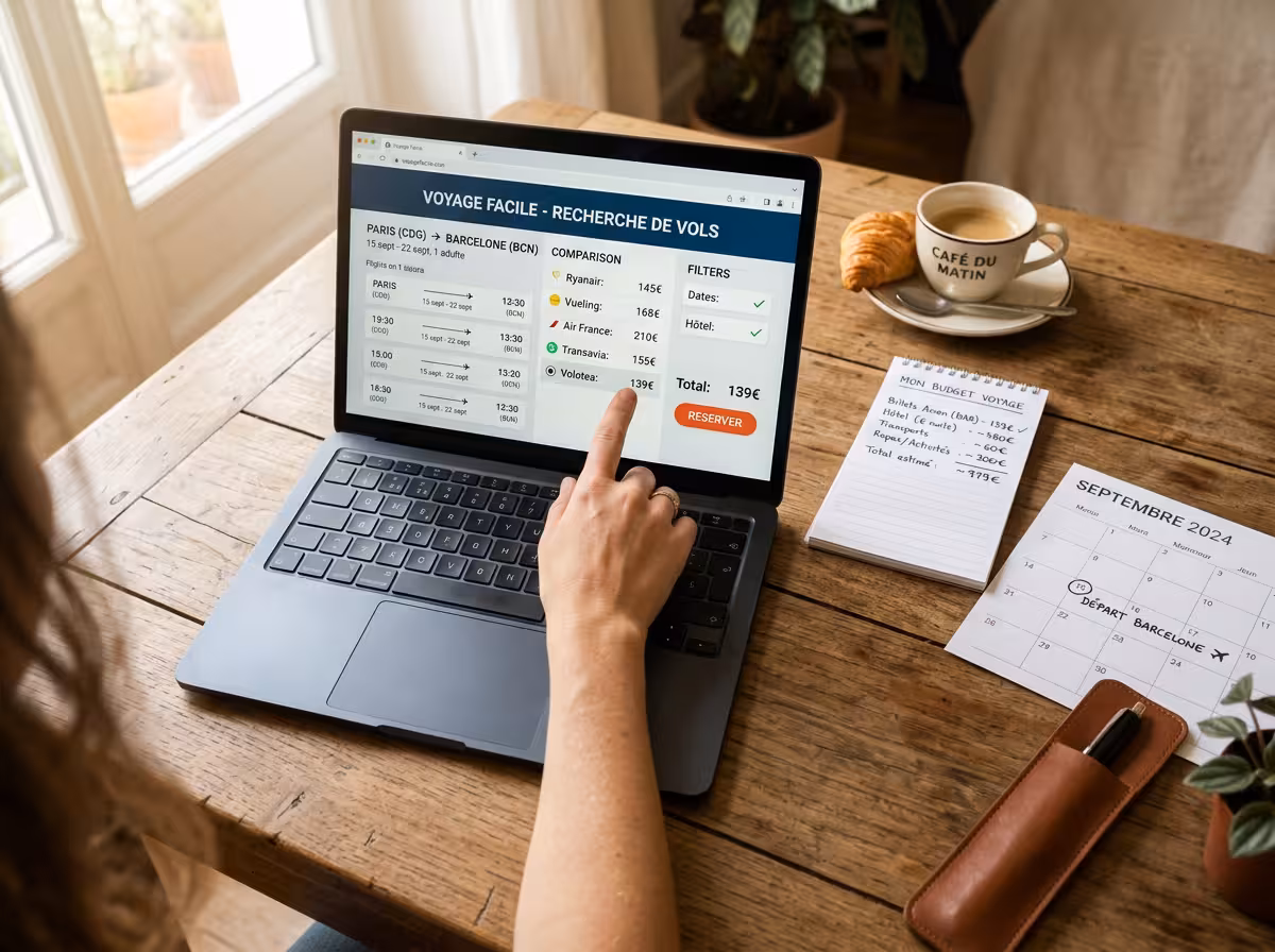 Laptop mit Flugpreisen und Hotelsuche, Budgetnotizen und Kalender für günstige Städtereiseplanung