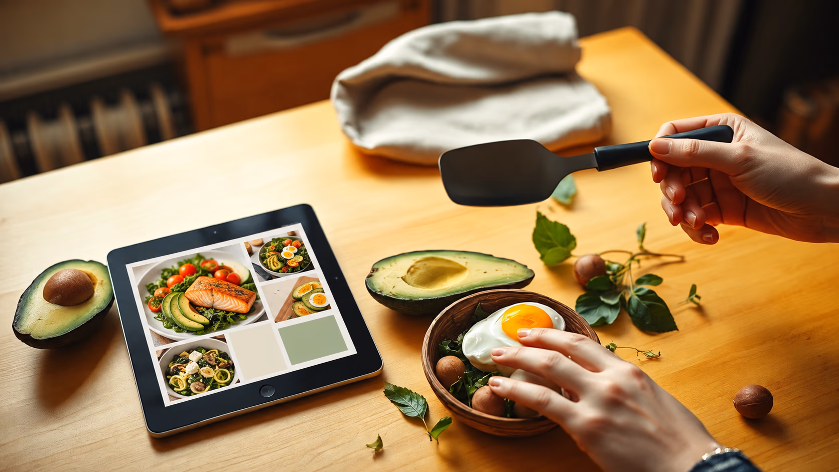 Tablet mit digitaler Rezeptübersicht neben Avocado, Eiern und grünem Gemüse auf einem Küchentisch