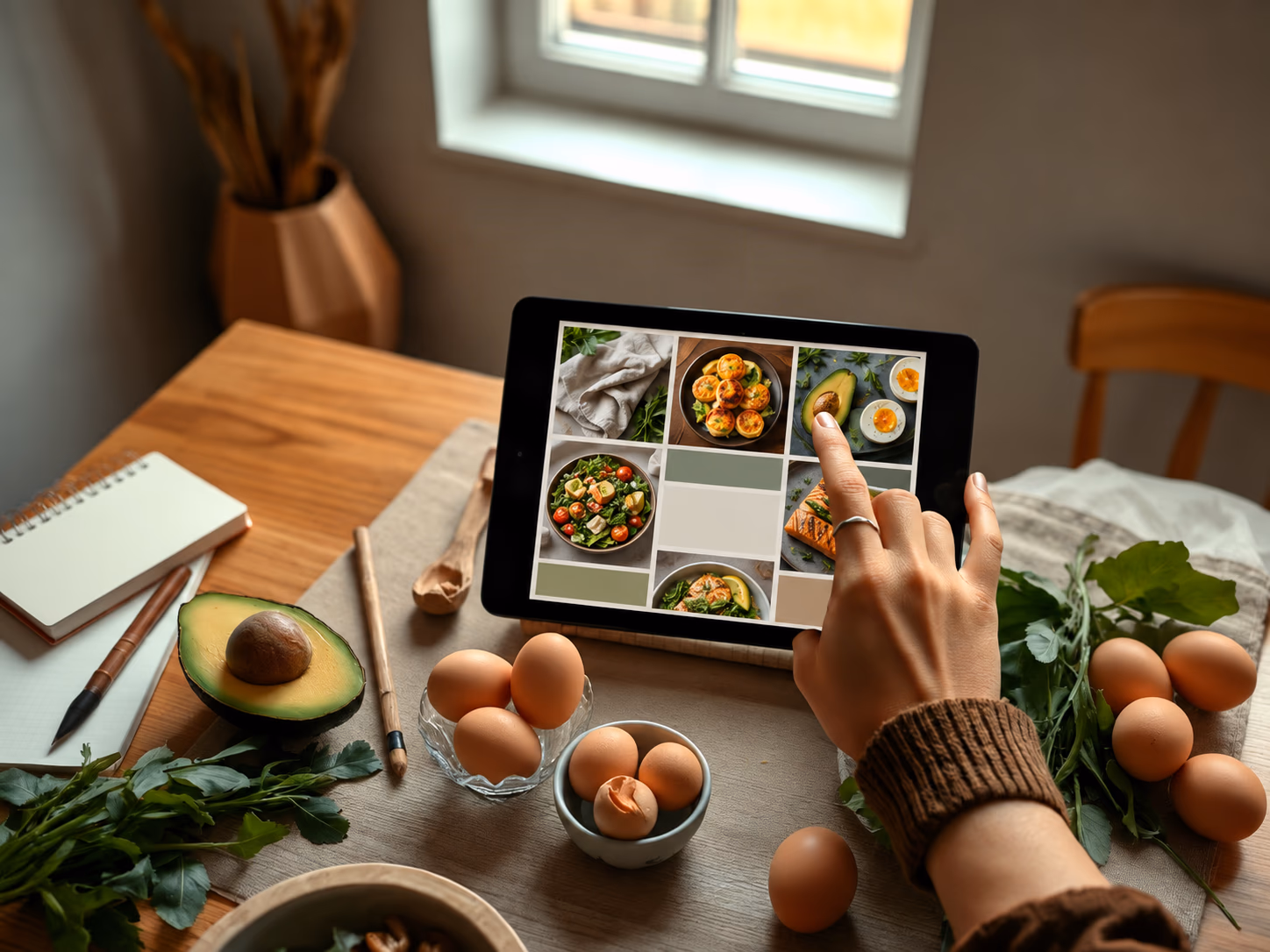 Hände wählen auf einem Tablet ein digitales Rezept neben Avocado, Eiern und Nüssen aus