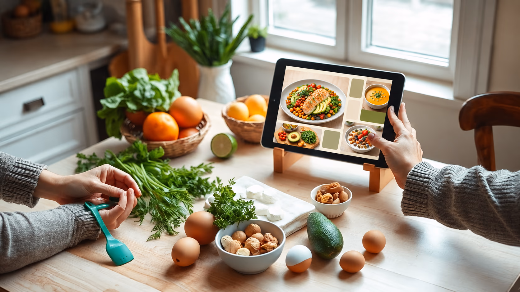 Tablet mit digitalem Rezept neben Gemüse, Kräutern, Eiern und Avocado auf einem Küchentisch