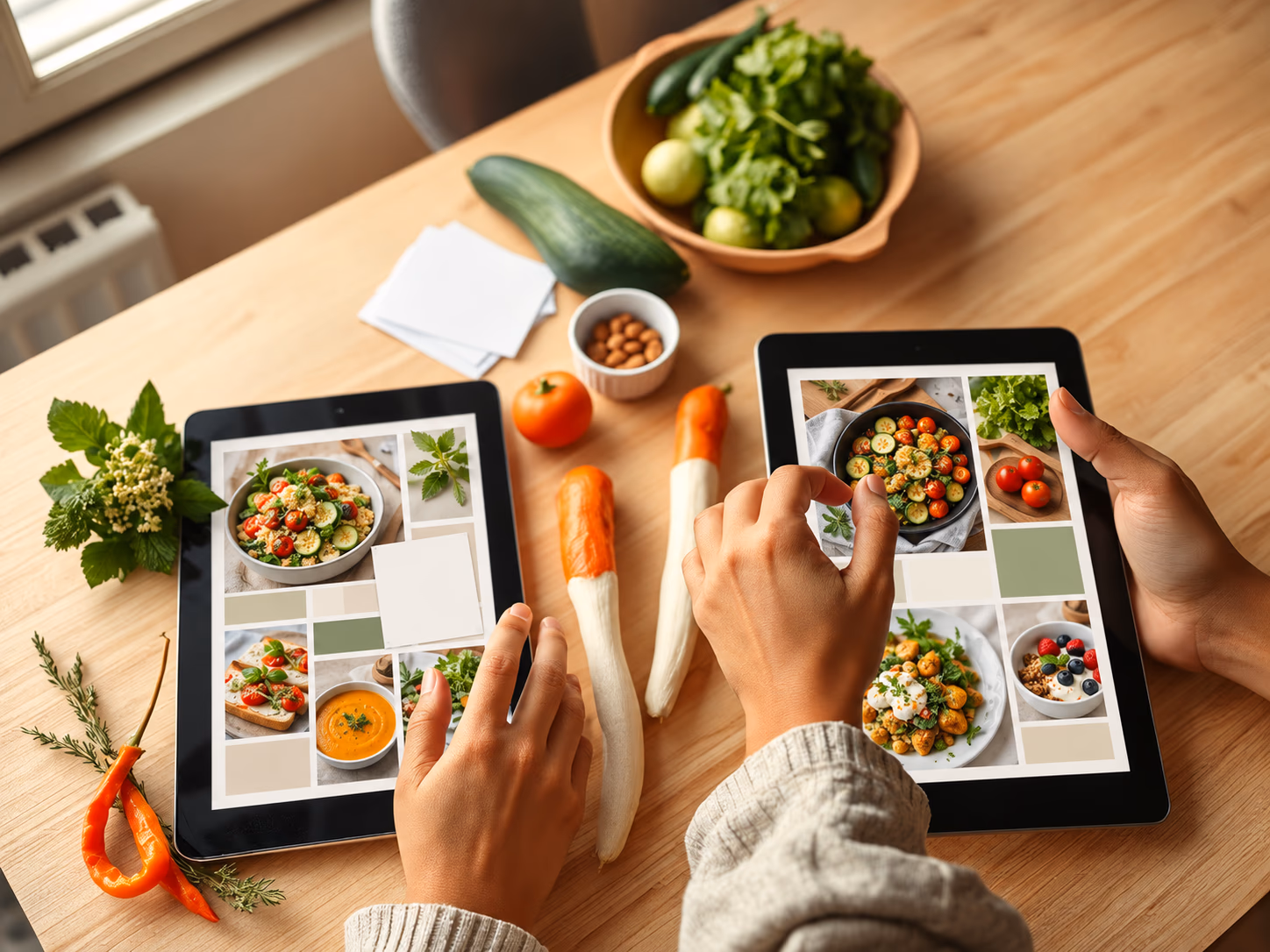 Zwei Tablets mit digitalen Rezeptseiten neben Gemüse, Notizzetteln und einem Stift