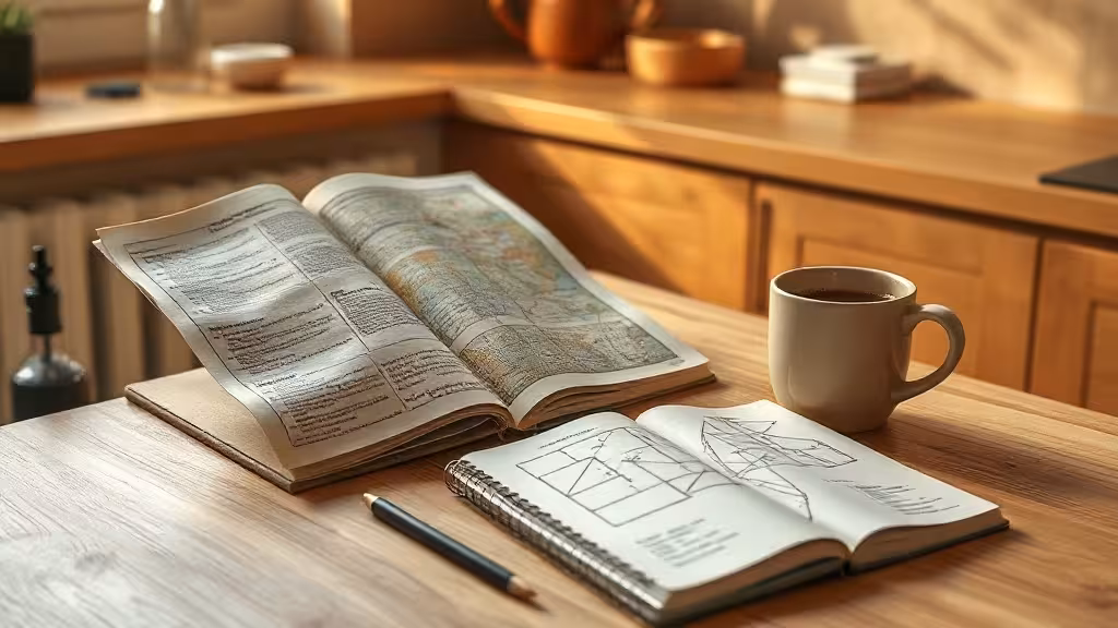 Guide ouvert sur une table de cuisine avec carte et carnet de notes.