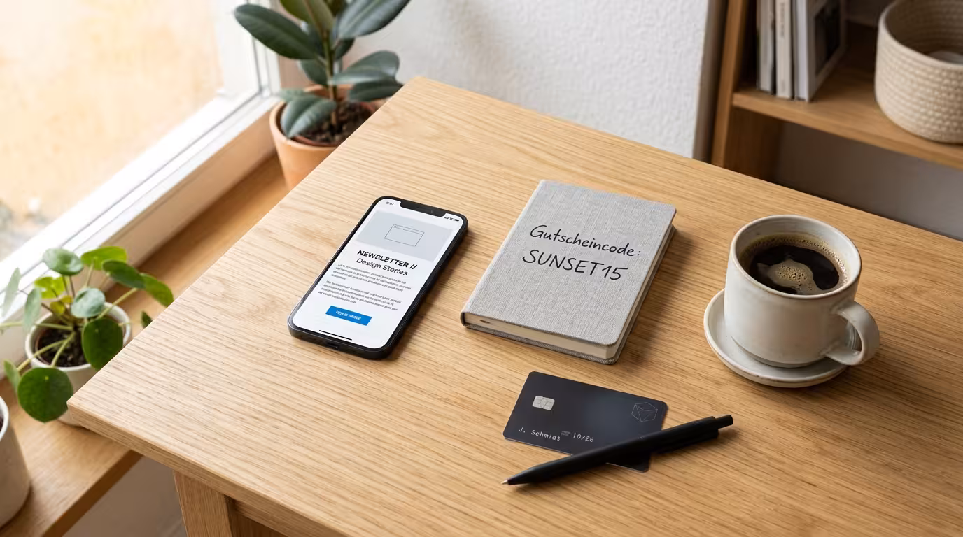 Schreibtisch-Setup mit Smartphone, Newsletter-Anzeige und Gutscheincode-Notiz zum Online-Shopping.
