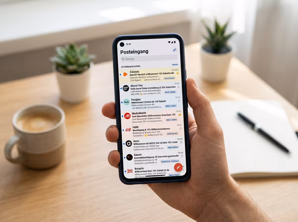 Smartphone-Inbox mit mehreren Newsletter-Bestätigungen und Gutschein-Codes von verschiedenen Online-Shops.