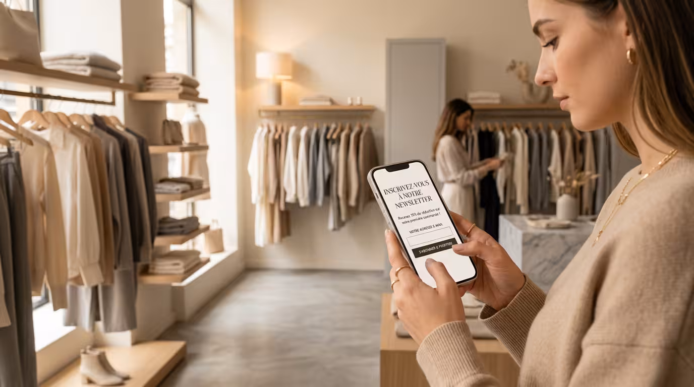 Téléphone affichant une newsletter mode avec code promotionnel, vêtements élégants en arrière-plan, éclairage doré et tons chaleureux