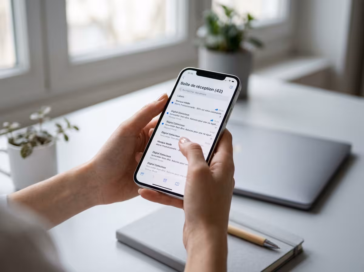 Mains gérant une boîte mail avec notifications de newsletters de vente, palette reposante gris-blanc