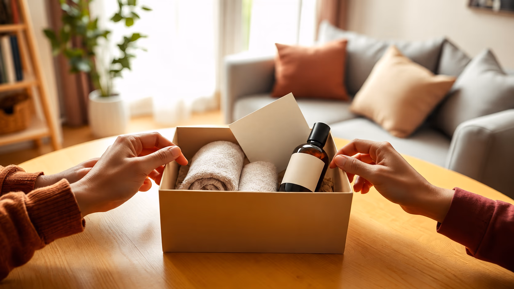Geöffnete Geschenkbox mit Handtüchern, Massageöl und Gutscheinkarte auf einem Tisch
