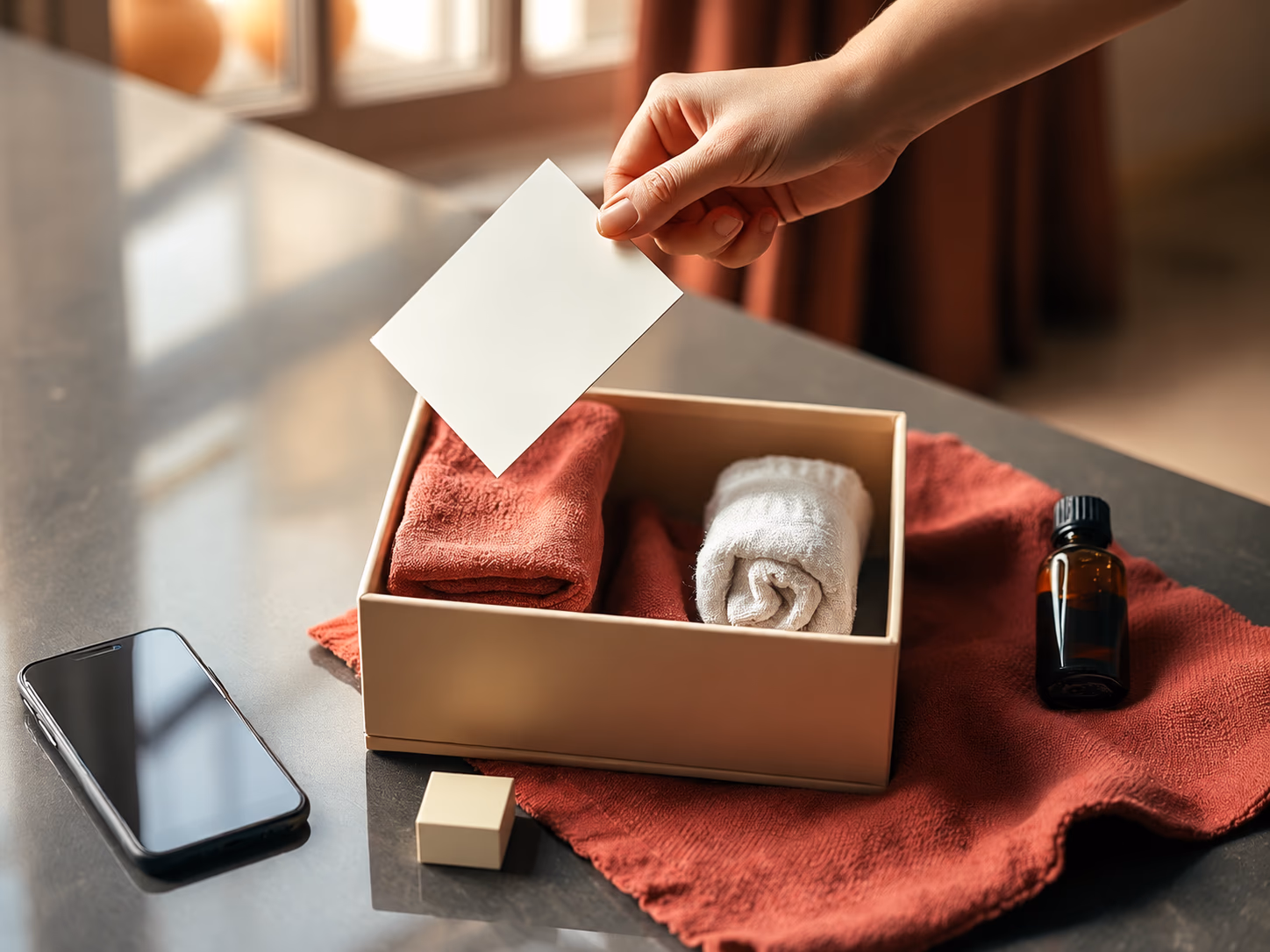 Geschenkgutschein über einer Box mit Handtüchern und Massageöl neben einem Smartphone