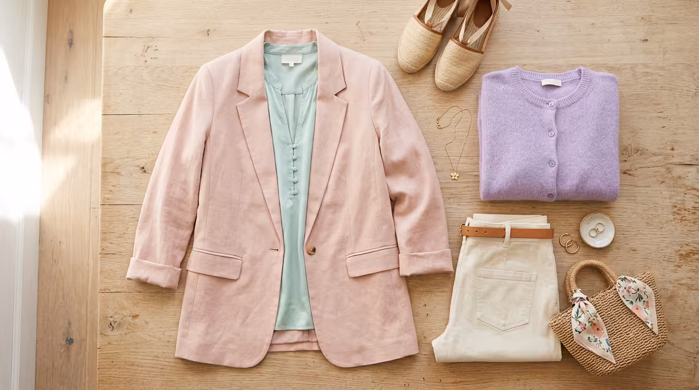Arrangement de vêtements en tons pastel — blazer rose poudre, chemise menthe, cardigan lavande — illustrant les tendances printemps 2026