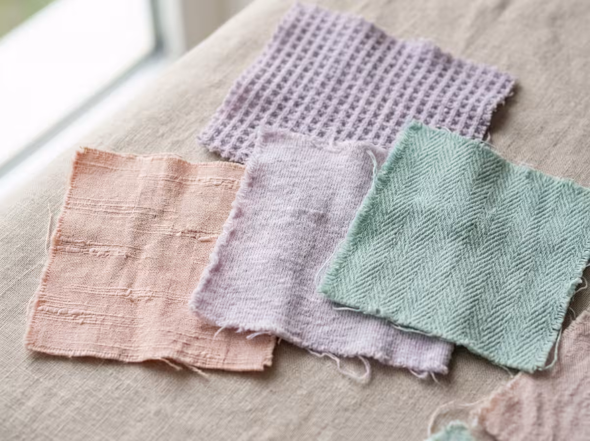 Détails de tissus en pastel montrant textures et qualité — certains brillants, d'autres mats — pour comprendre l'impact de la matière sur la durabilité