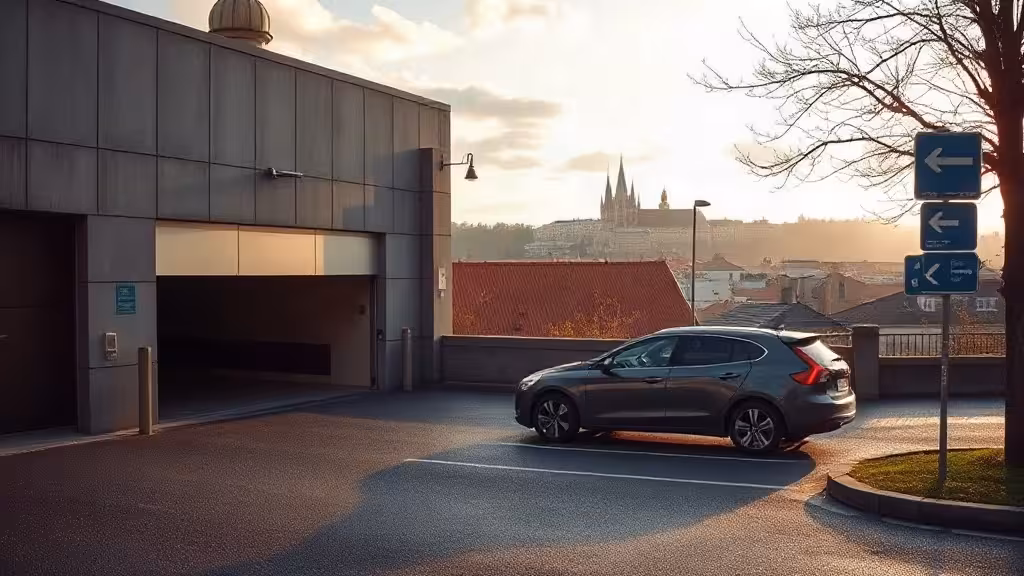 Hôtel avec parking à Prague, voiture garée près d’une entrée de garage.