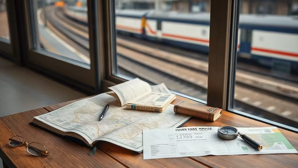 Guide de voyage sur table avec carte, carnet et billets de train