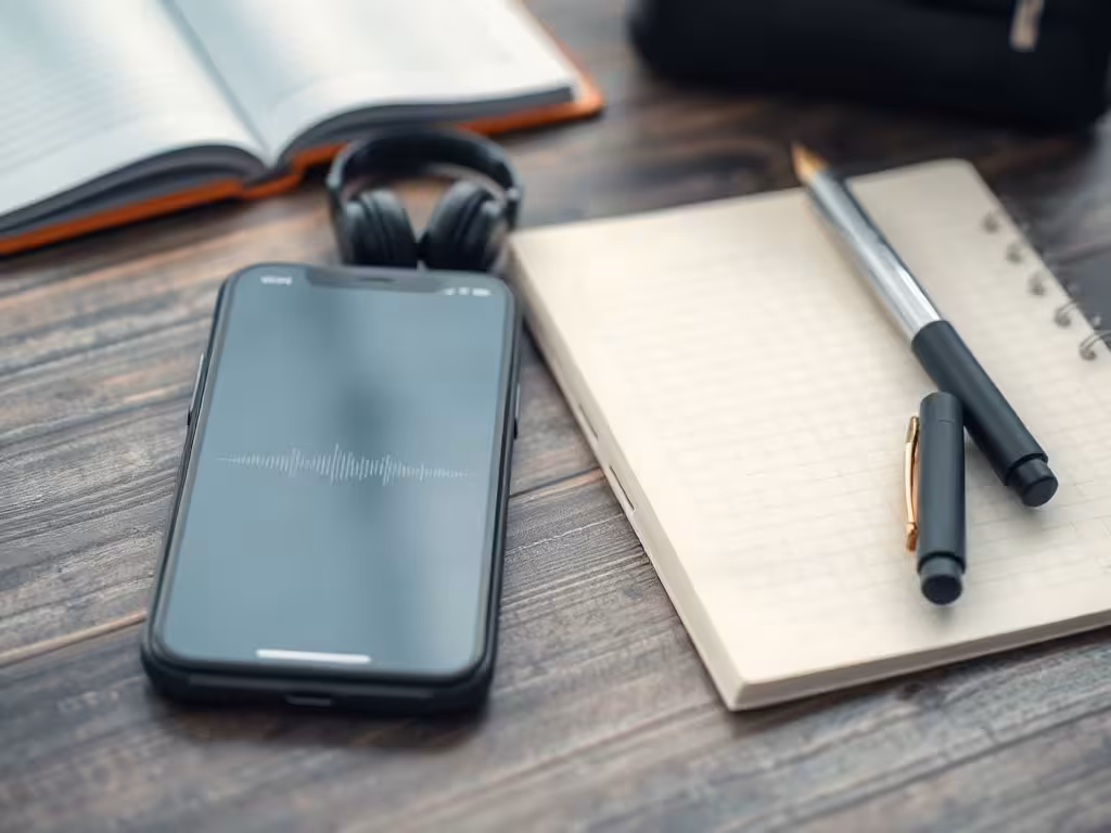 Guide de prononciation avec téléphone et écouteurs sur un bureau
