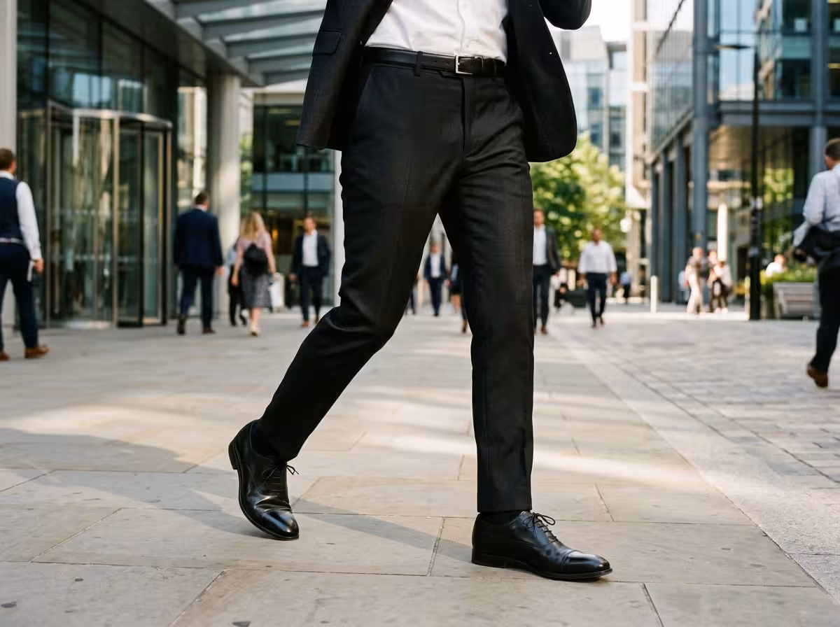 Detail schwarze Hose im Business-Look mit Blazer und Oxford-Schuhen