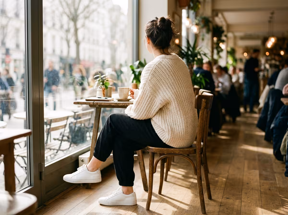 Casual Outfit mit schwarzer Hose, Oversize-Pullover und weißen Sneakern im Café