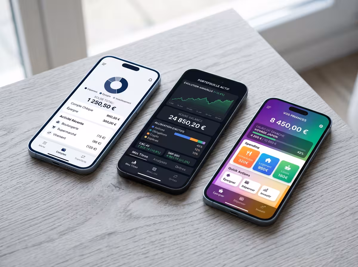 Trois téléphones côte à côte montrant des interfaces d'applis d'épargne différentes — illustration des trois profils de savers.