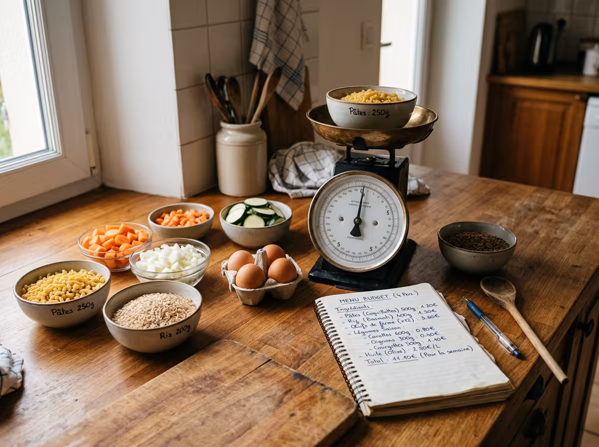 Ingrédients dosés avec balance de cuisine et annotations de portions et prix pour cuisiner économique